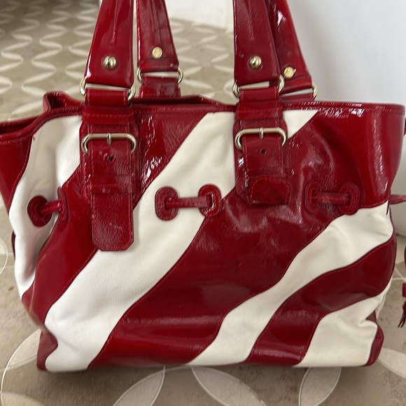 Dooney & Bourke Large Red Patent Leather/White Canvas Striped Tote EUC - Picture 7 of 13